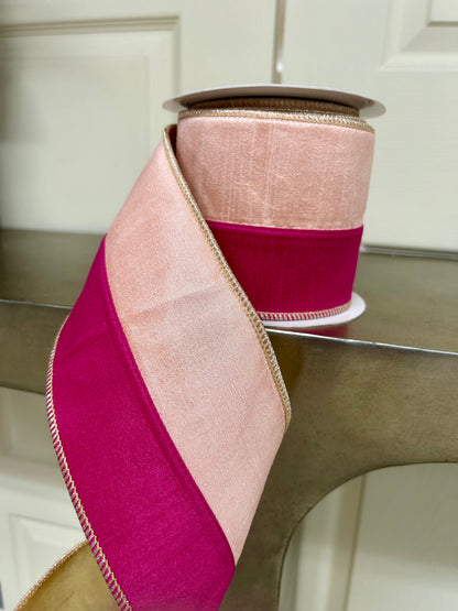 4 Inch By 10 Yard Pink And Light Pink With Gold Back Dupioni Ribbon