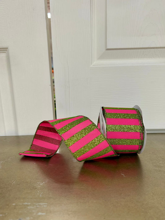 2.5 Inch By 10 Yard Hot Pink And Lime Green Horizontal Glitter Stripes Ribbon