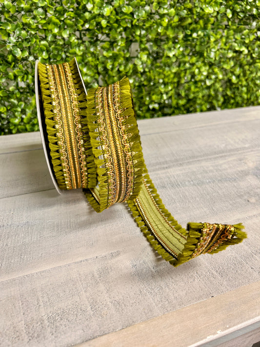 John Mark 1.5 Inch By 10 Yard Green Tassel Fringe Dupioni Ribbon