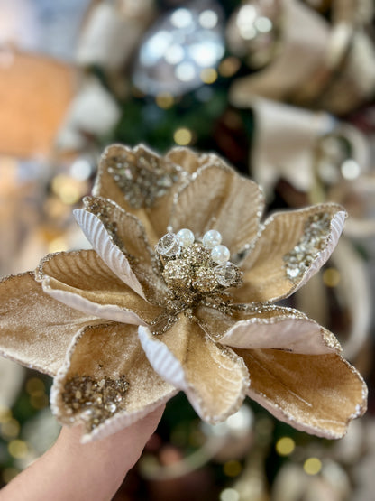 22 Inch Taupe Glitter Sequin And Bead Magnolia Spray