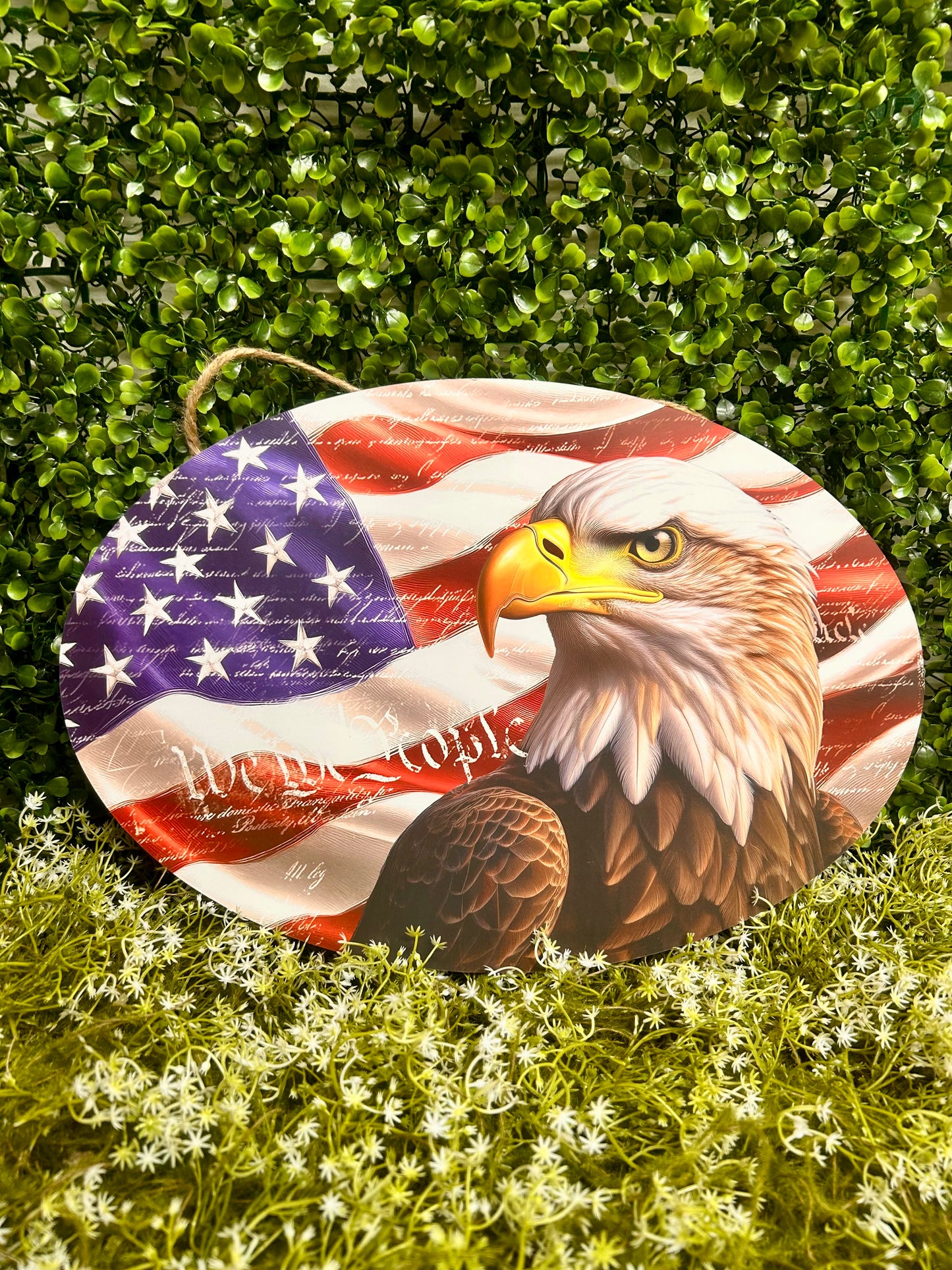 15 By 10.35 Inch Red White And Blue Eagle With Flag Oval Wood Sign