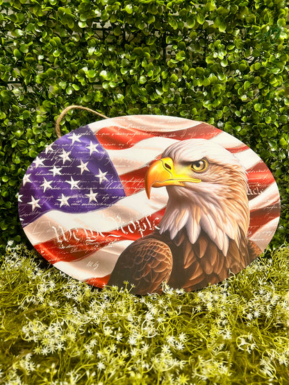 15 By 10.35 Inch Red White And Blue Eagle With Flag Oval Wood Sign