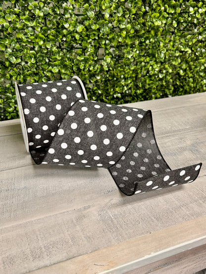 4 Inch By 10 Yard Black And White Polka Dot Linen Ribbon