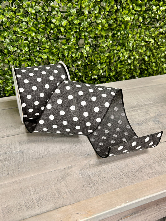 4 Inch By 10 Yard Black And White Polka Dot Linen Ribbon