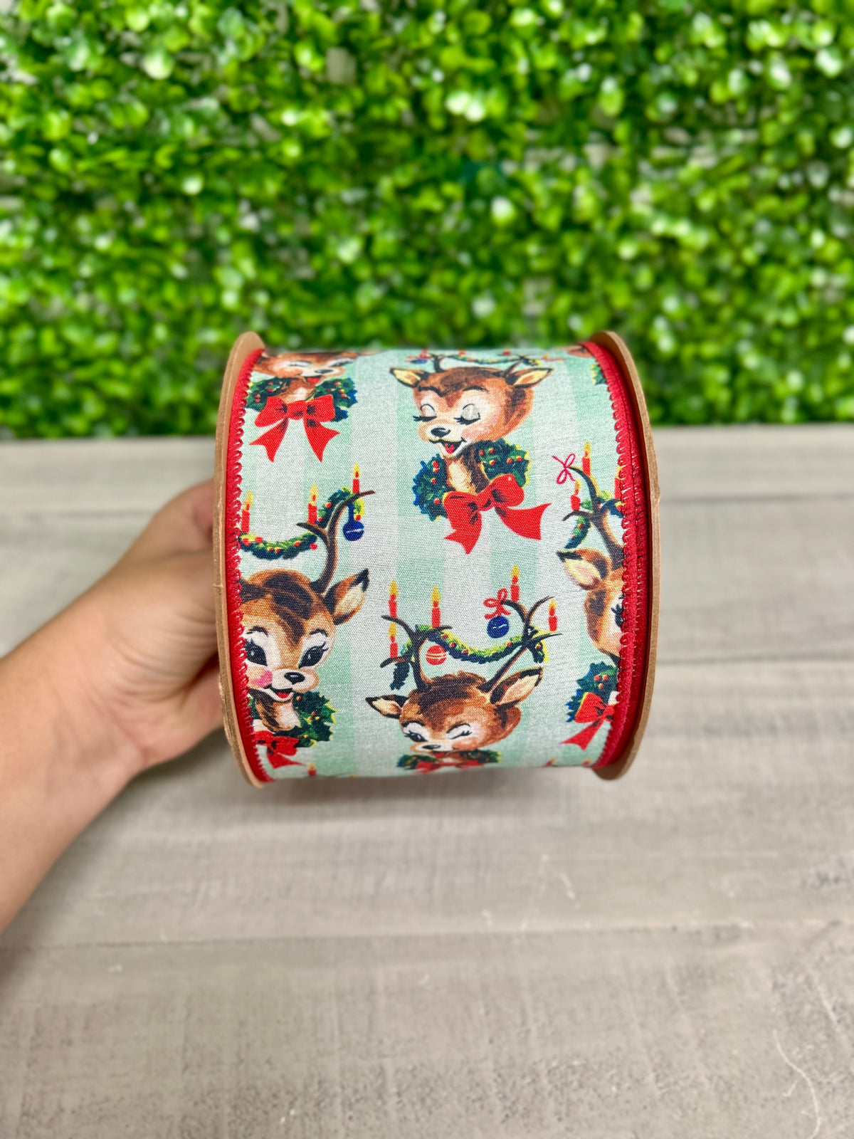 4 Inch By 10 Yard Retro Deer With Wreath With Red Backing Ribbon
