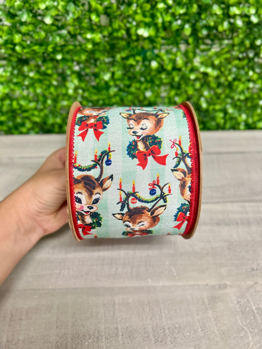 4 Inch By 10 Yard Retro Deer With Wreath With Red Backing Ribbon