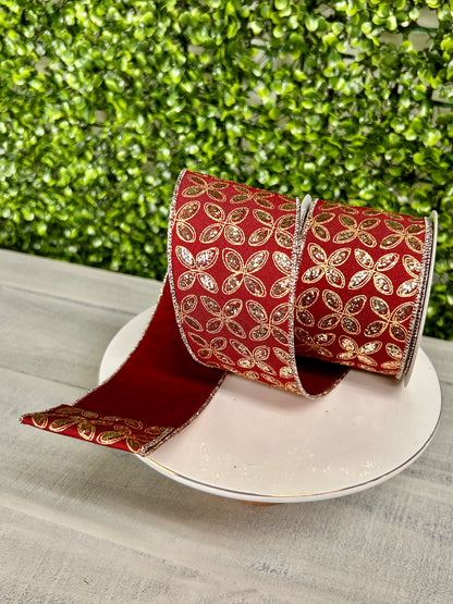 2.5 Inch By 10 Yards Burgundy And Gold Quatrefoil Petals Ribbon