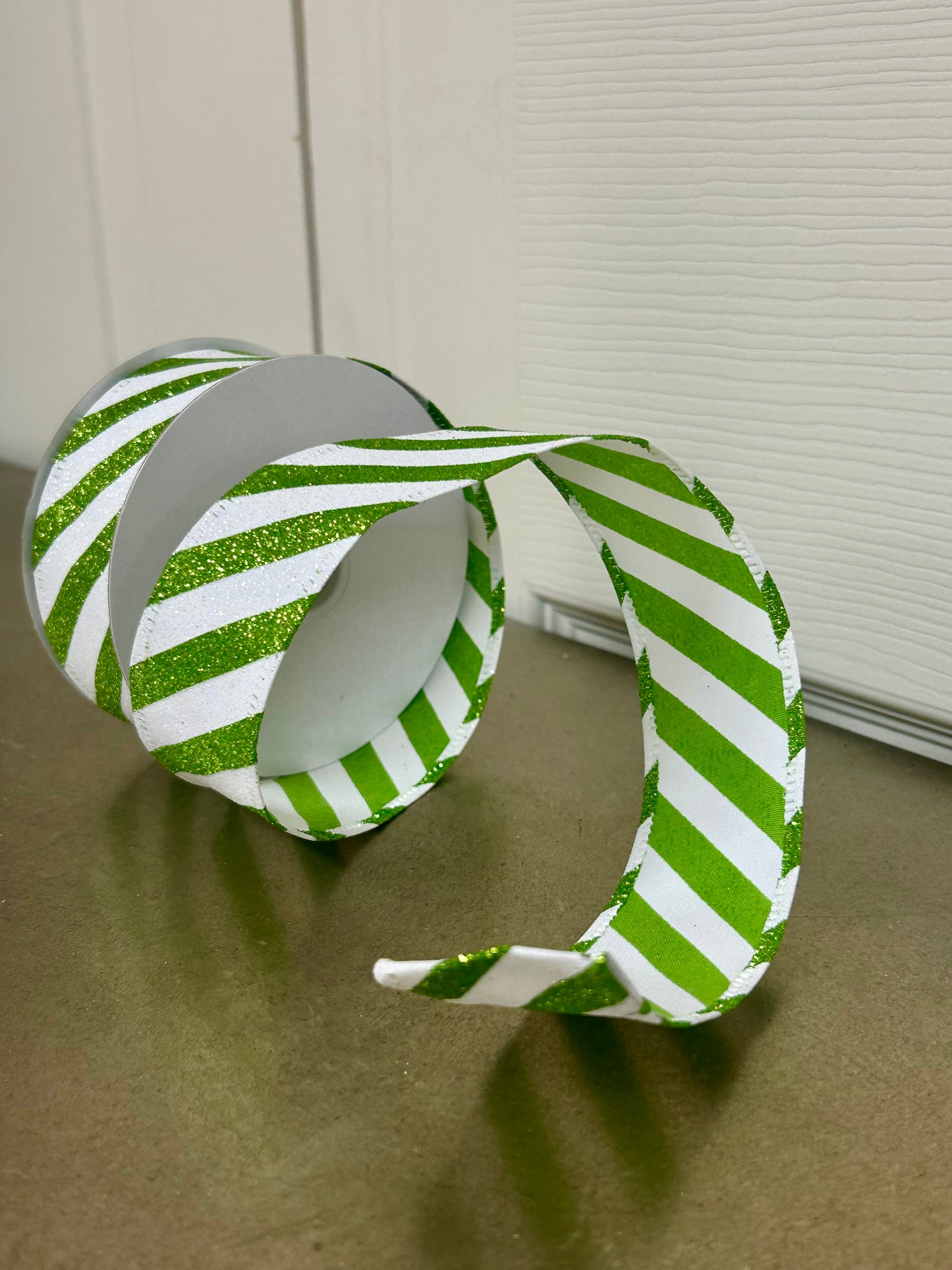 1.5 Inch By 10 Yard Lime White Flat All Glitter Candy Cane Stripe Ribbon