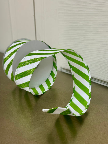 1.5 Inch By 10 Yard Lime White Flat All Glitter Candy Cane Stripe Ribbon
