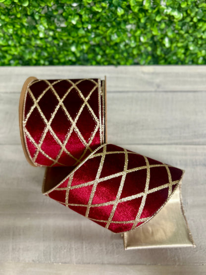 4 Inch By 10 Yard Burgundy With Glittered Diamond Velvet Ribbon