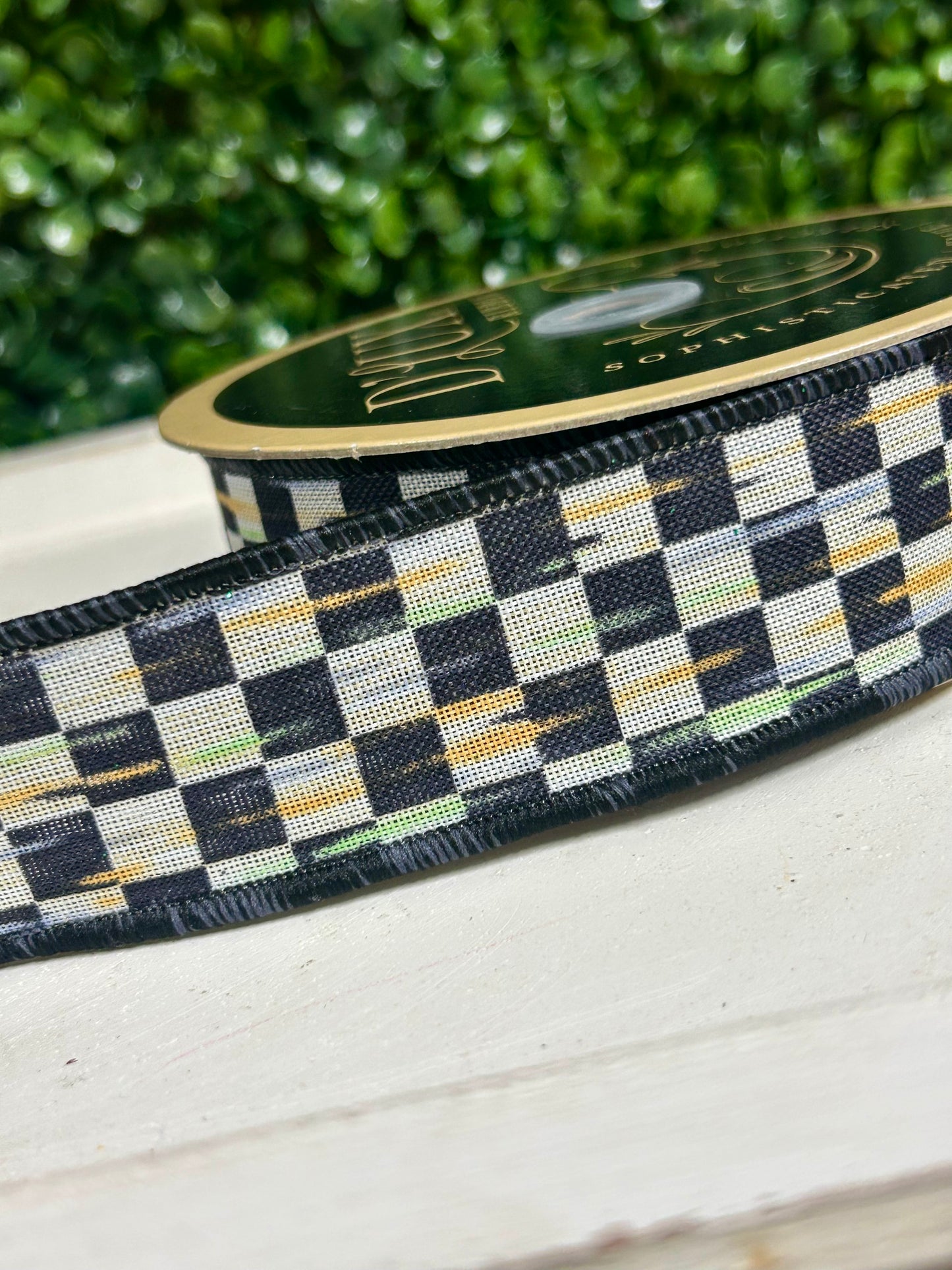 1.5 Inch By 10 Yard Beige And Black Mini Antique Checkerboard Ribbon