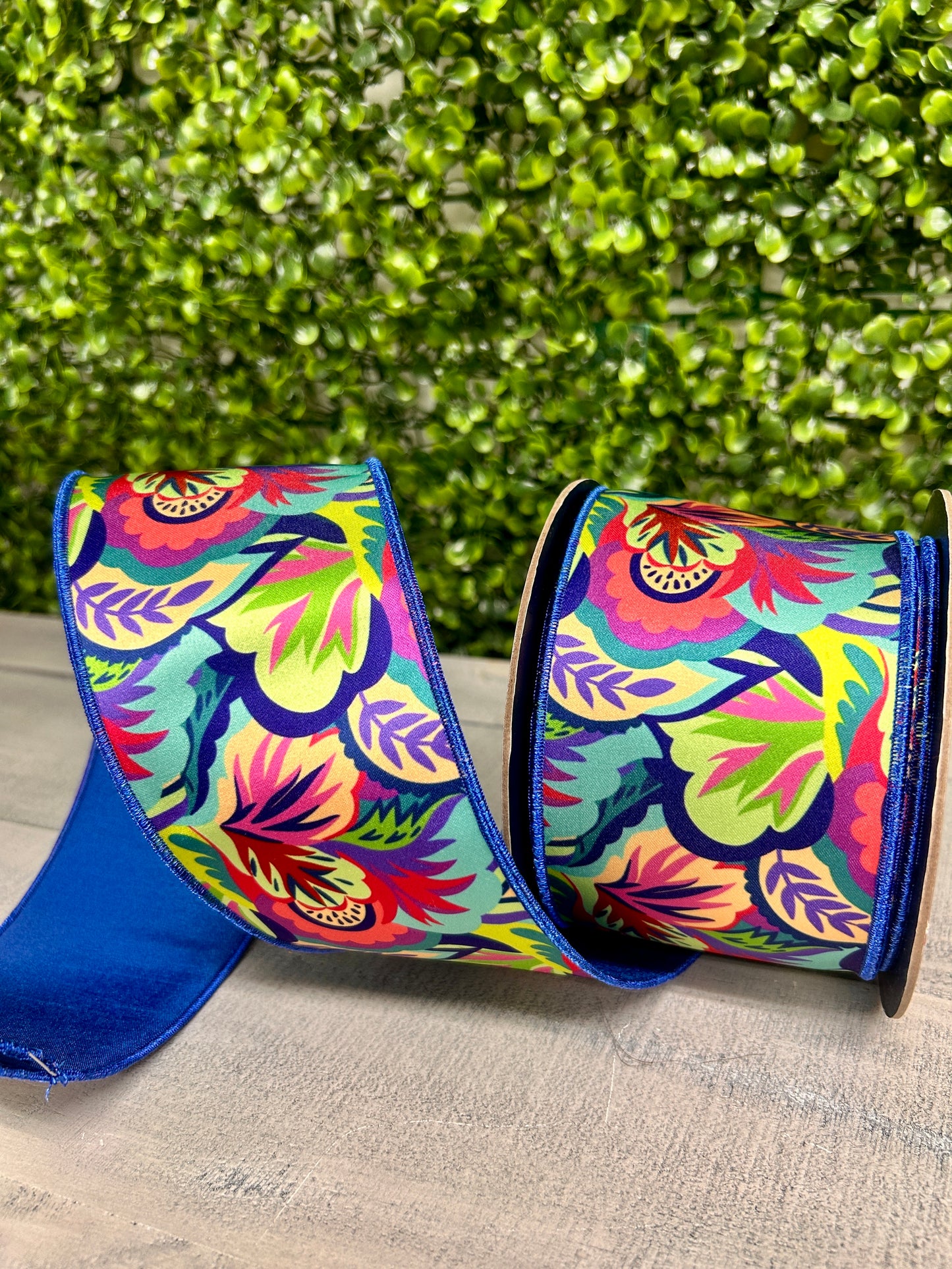 D. Stevens 3 Inch By 10 Yards Blue Lime And Aqua Abstract Foliage Satin Ribbon