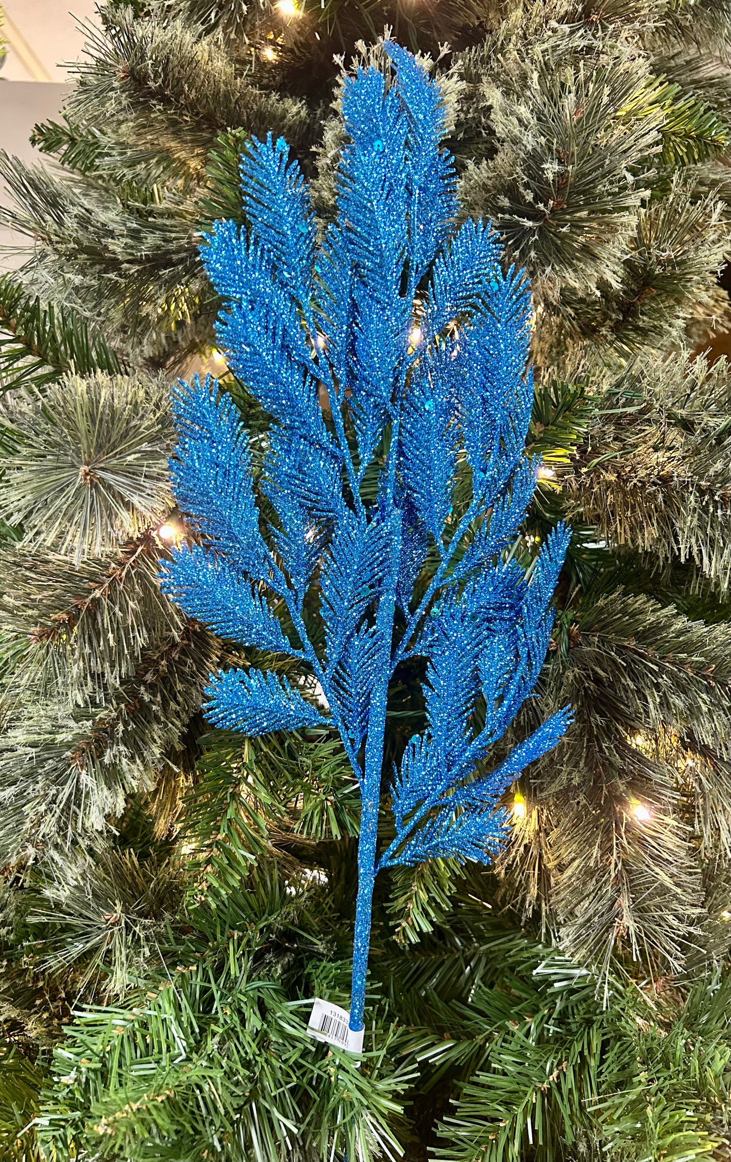 24 Inch Blue Glitter Sequin Peacock Fern Spray