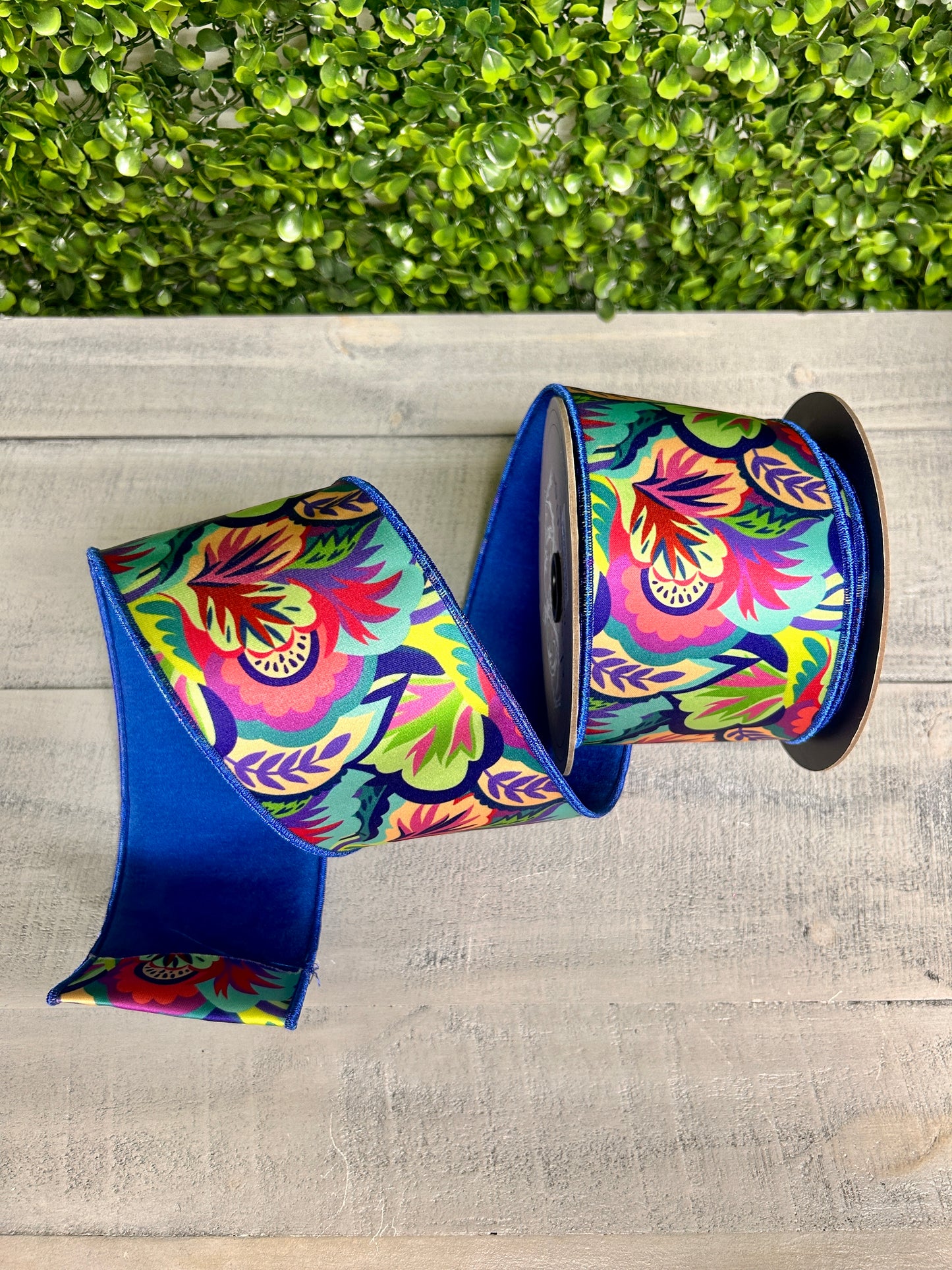 D. Stevens 3 Inch By 10 Yards Blue Lime And Aqua Abstract Foliage Satin Ribbon