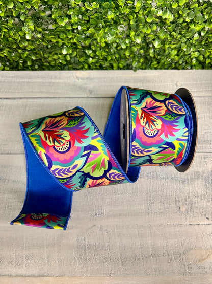 D. Stevens 3 Inch By 10 Yards Blue Lime And Aqua Abstract Foliage Satin Ribbon
