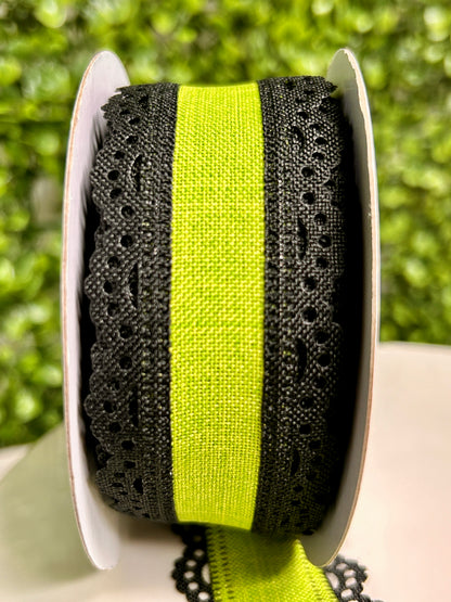 1.5 Inch By 10 Yard Black And Lime Lace Edge Royal Burlap Ribbon