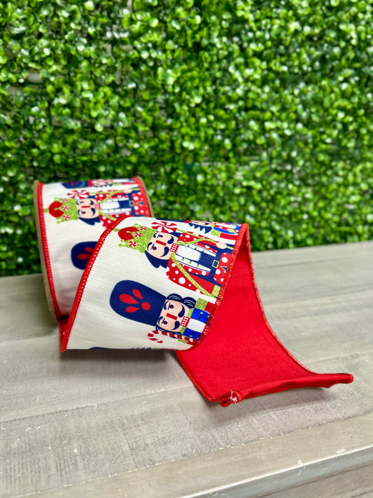 4 Inch By 10 Yard Printed Nutcracker With Red Backing Ribbon