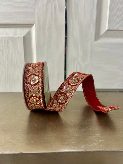 1.5 Inch By 5 Yard Red  And Gold Jewel Trim Velvet Ribbon
