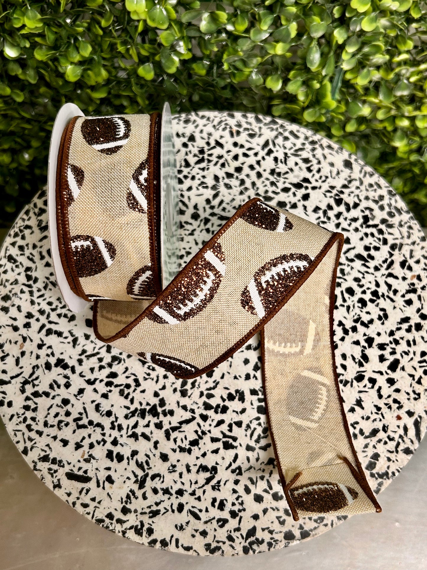 1.5 Inch By 10 Yard Cream White And Chocolate Glitter Football On Royal Ribbon