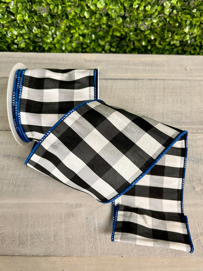 4 Inch By 10 Yards Black And Grey Grand Gingham Check With Royal Blue Edge Ribbon