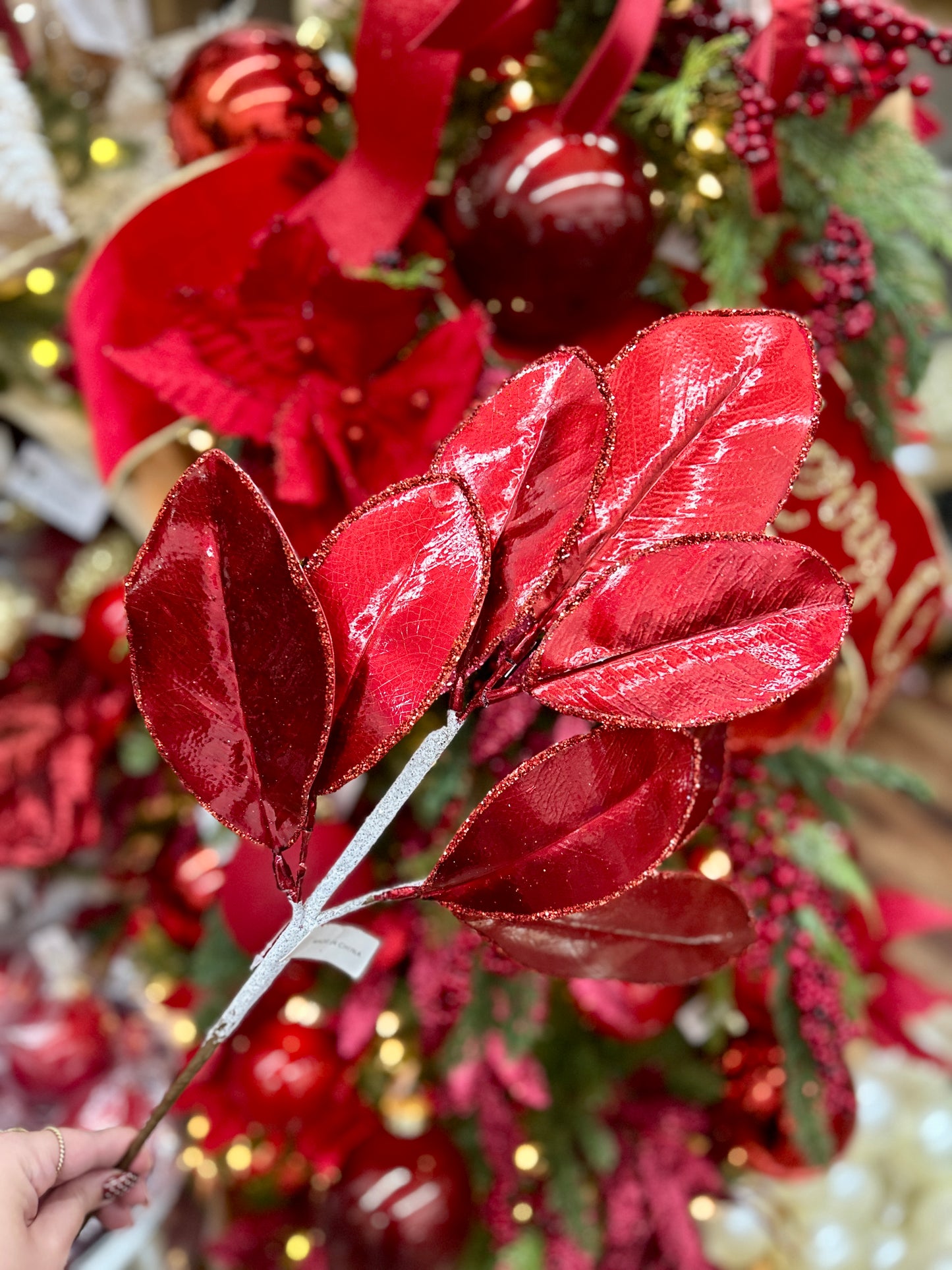 24 Inch Red Magnolia Leaf Spray