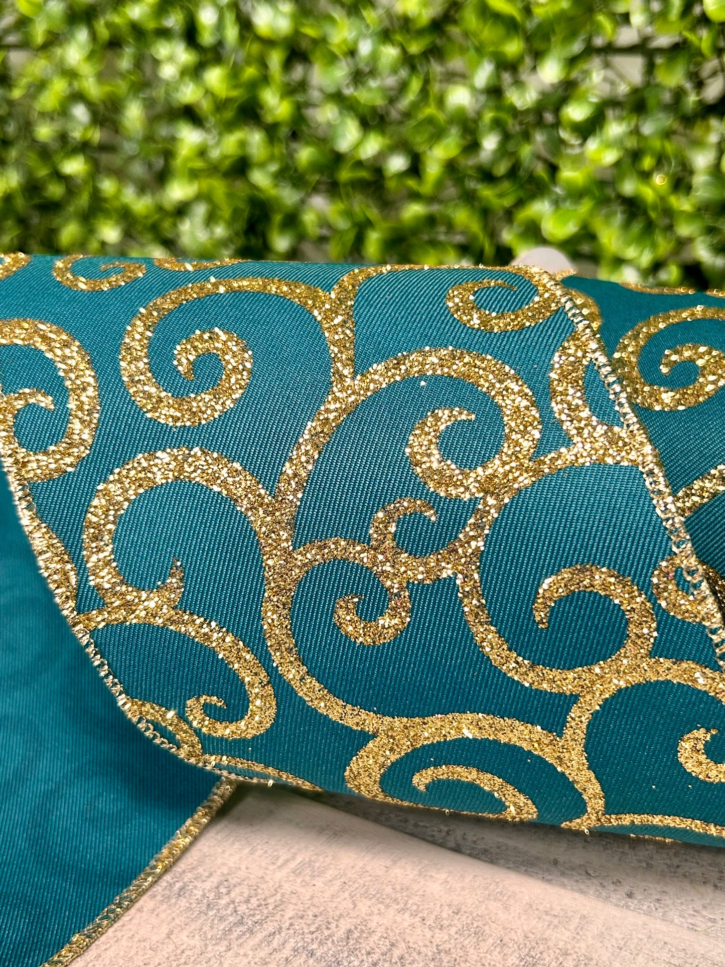 4 Inch By 10 Yard Dark Teal And Gold Glitter Swirl Ribbon