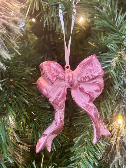 4.25 Inch Pink Plastic Hanging Bow Ornament