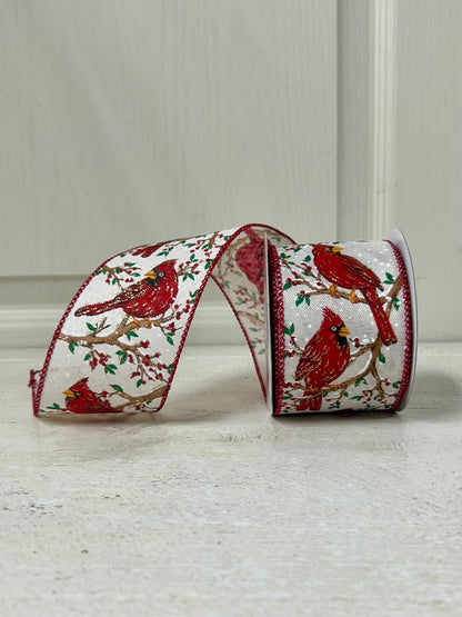 2.5 Inch By 10 Yard Red Cardinal On A Snowy Red Berry Tree With Burlap Background Red Edging Ribbon