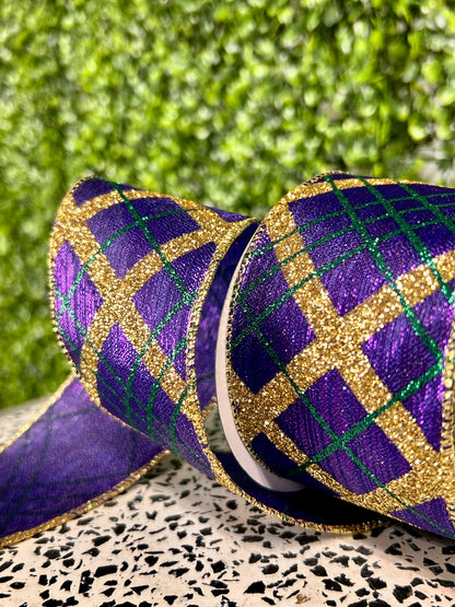 2.5 Inch By 10 Yard Purple Gold And Green Glitter Diagonal Plaid Ribbon