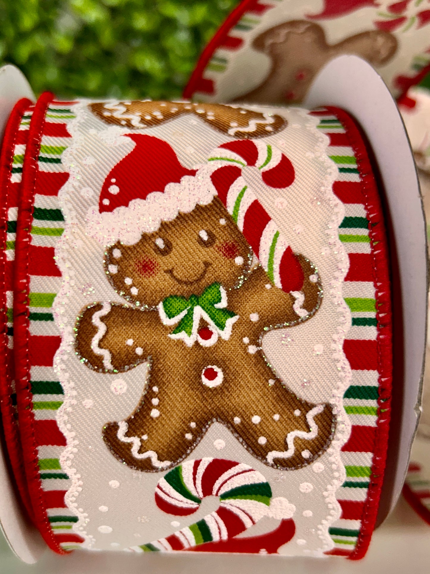 2.5 Inch By 10 Yard Gingerbread With Santa Hats Ribbon