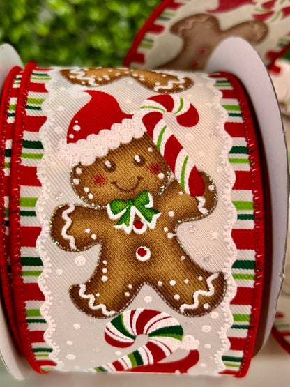 2.5 Inch By 10 Yard Gingerbread With Santa Hats Ribbon