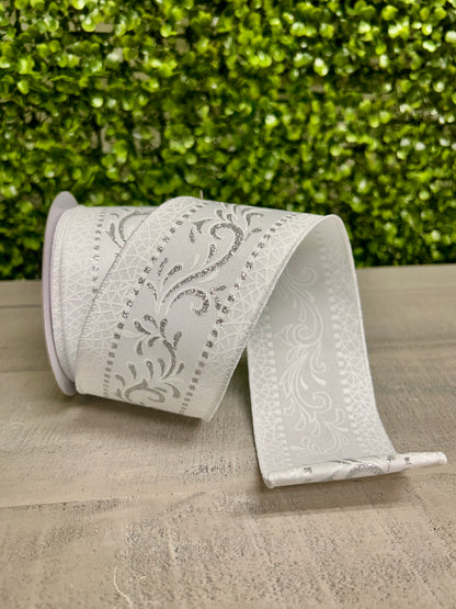 2.5 Inch By 10 Yard White And Silver Swirls Ribbon