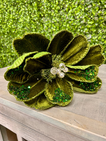 22 Inch Moss Green Glitter Sequin Bead Magnolia Stem