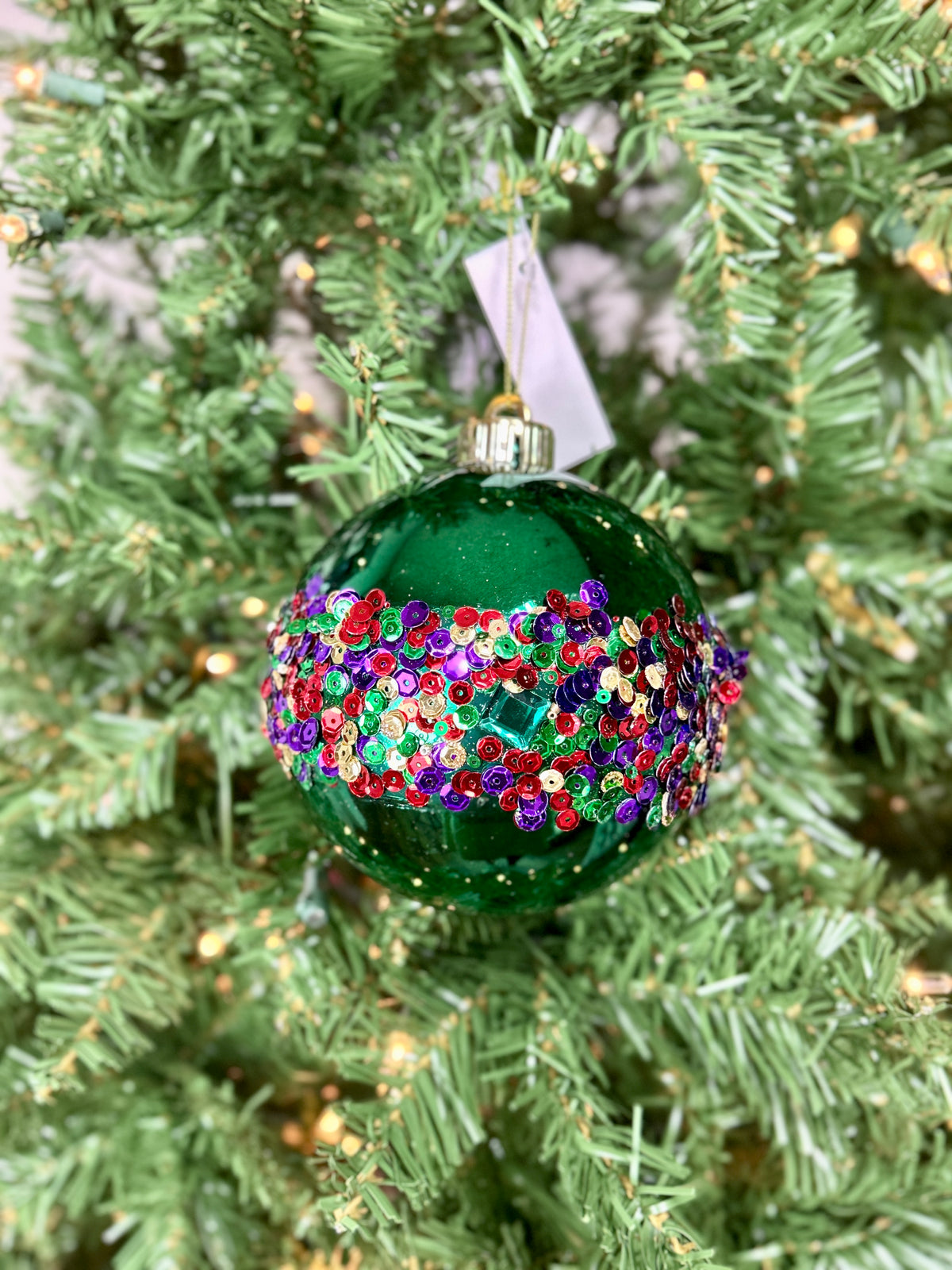 5 Inch Emerald Green With Diamond And Sequin Ornament Ball
