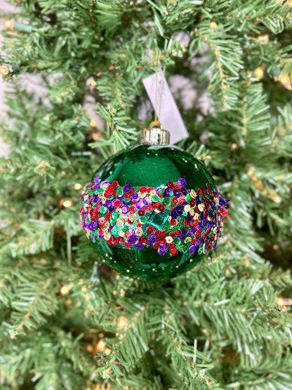 5 Inch Emerald Green With Diamond And Sequin Ornament Ball