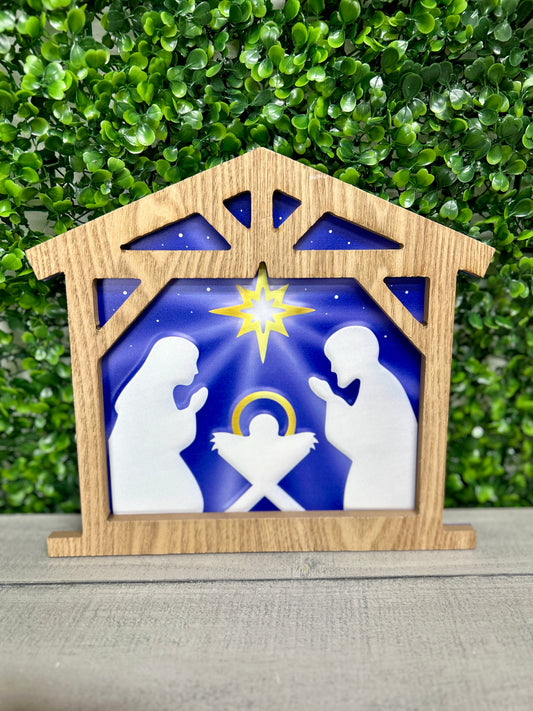 10.5 Inch Navy And Gold Metal Nativity Sign