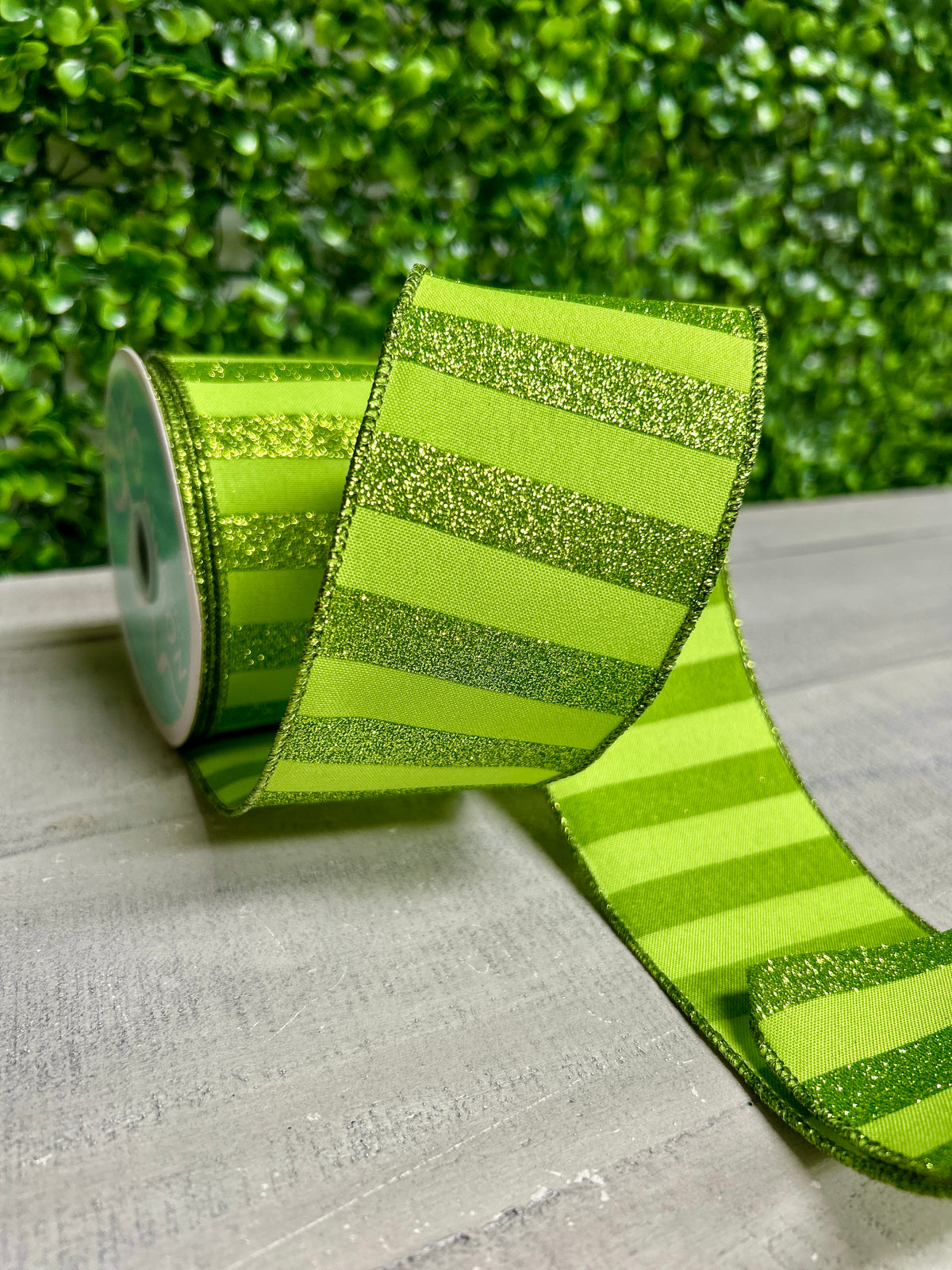 2.5 Inch By 10 Yard Lime Green Glitter Horizontal Stripe Ribbon