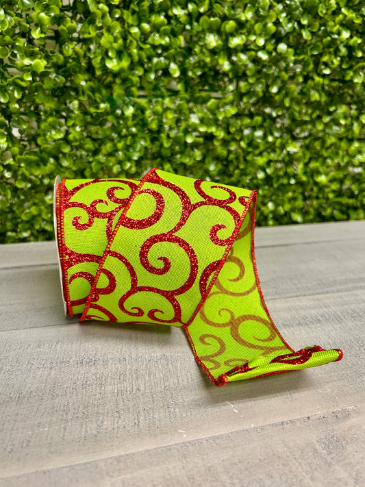 2.5 Inch By 10 Yard Fresh Green And Red Glitter Swirl Ribbon