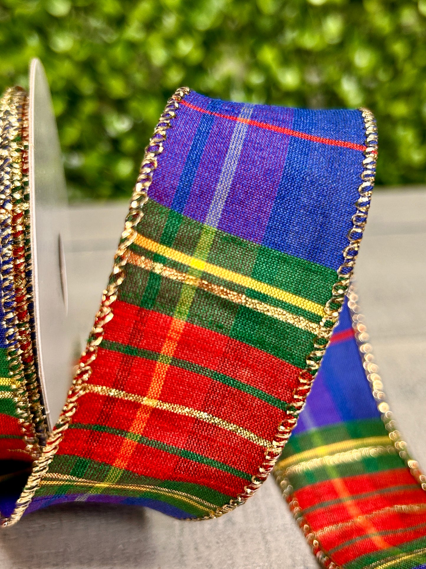 1.5 Inch By 10 Yard Royal Blue Green Red Yellow Dupioni Plaid Ribbon