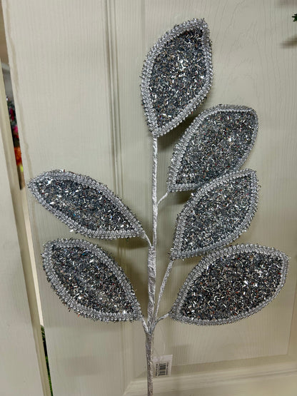 28 Inch Silver Glitter And Lace Leaf Spray