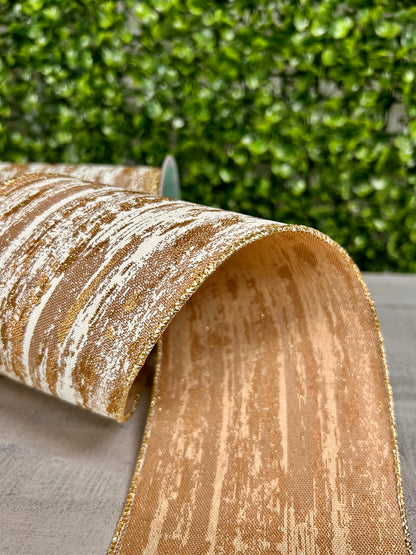 4 Inch By 10 Yard Beige Cream And Gold Glitter Metallic Streaks Ribbon