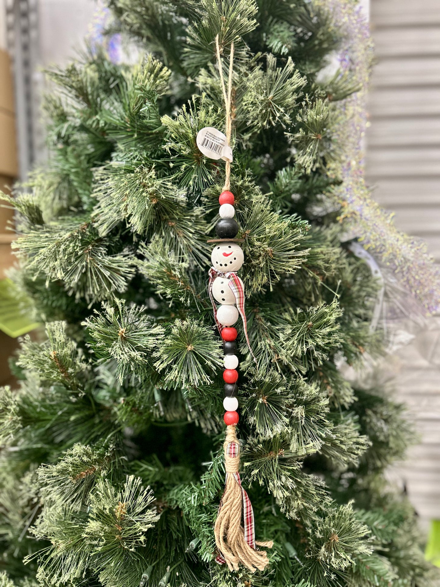 21 Inch Wood Bead Snowman With Plaid Ornament