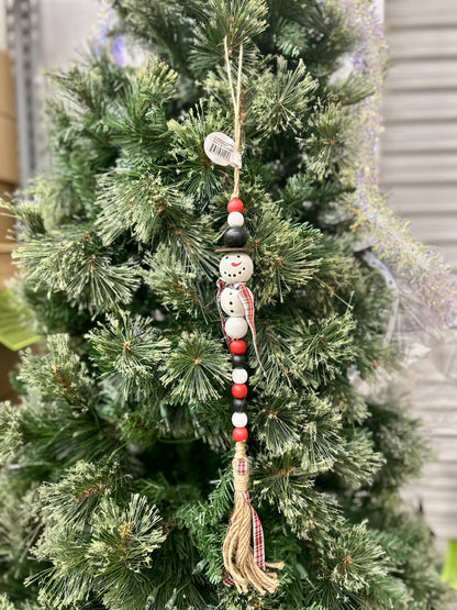 21 Inch Wood Bead Snowman With Plaid Ornament
