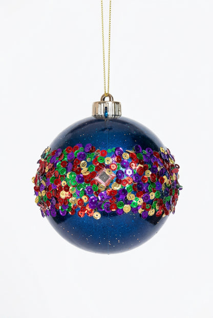 5 Inch Dark Blue Diamond And Sequin Ornament Ball