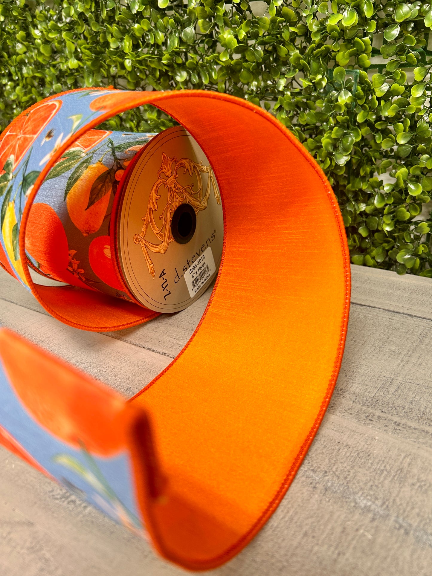 4 Inch By 10 Yard Blue Orange And Yellow Watercolor Citrus And Blossoms Dupioni Ribbon
