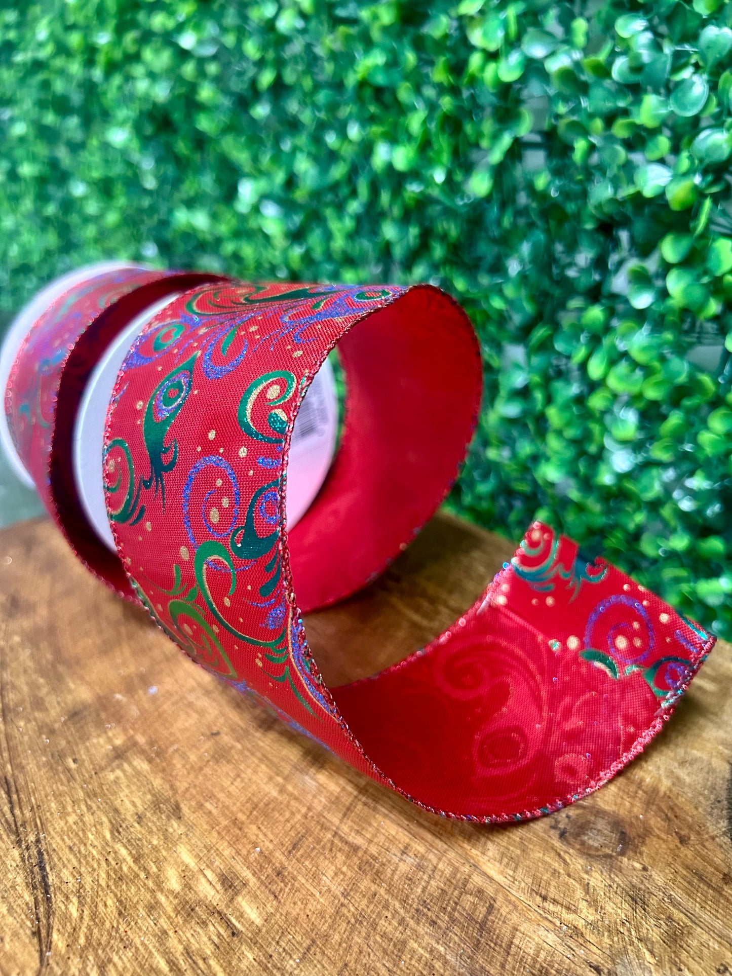 2.5 Inch By 10 Yard Peacock Swirls On Red Background Ribbon