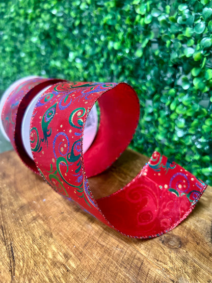 2.5 Inch By 10 Yard Peacock Swirls On Red Background Ribbon