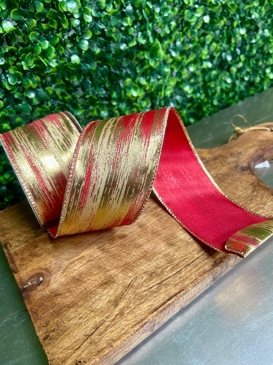 2.5 Inch By 10 Yard Red And Gold Metallic Streak Ribbon