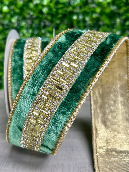 John Mark 1.5 Inch By 5 Yard Green Velvet Jeweled Center Fused Backing Ribbon