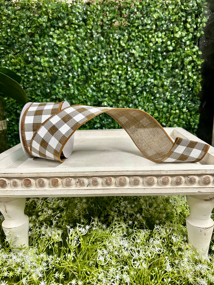 2.5 Inch By 10 Yard Brown And White Striped Check On Royal Ribbon